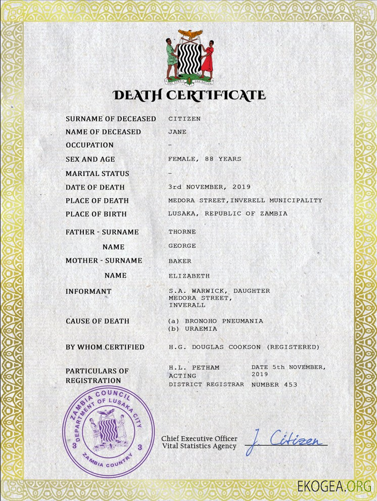 Modèle PSD de certificat de décès de l'état civil de la Zambie